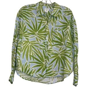 Sigrid Olsen 100% Linen Button Down Top Green Palm Print‎ Long Sleeve Shirt SZ M